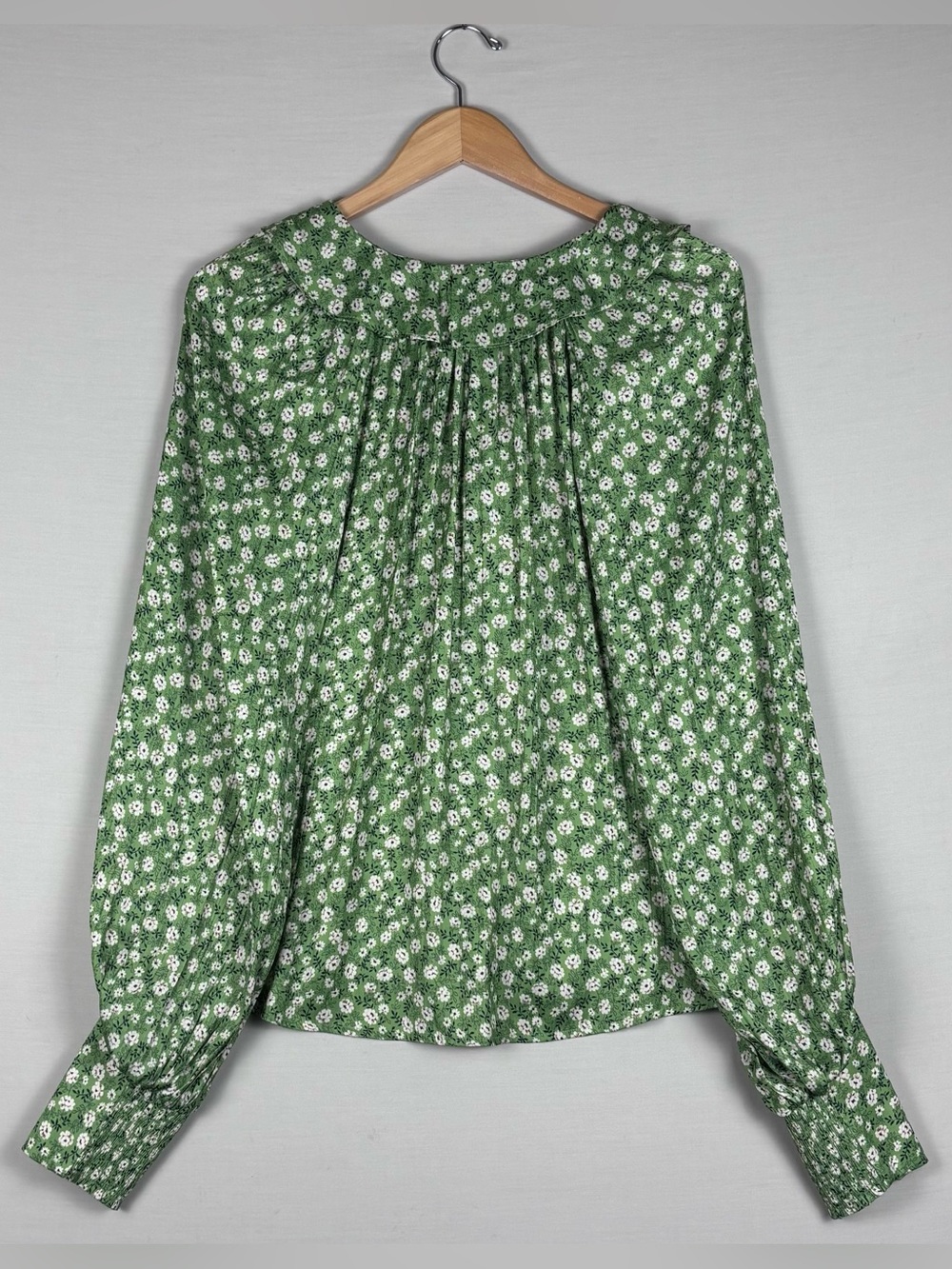 Anthropologie Floral Peasant Blouse Green Boho Tie Neck Long Sleeve NWT L - Picture 3 of 5